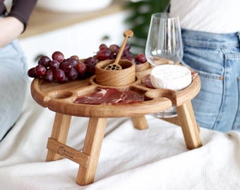 Rustic Outdoor Wine Table, Handmade Wooden Picnic Table, Portable Folding Serving Tray, Wine and Cheese Board, Personalized Gift for Home