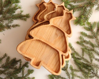 Piatto Porta Antipasti A Forma Di Albero Di Natale In Ceramica Con Vassoio In Legno - Servito Da 3 Pezzi Per Snack E Dessert - 2