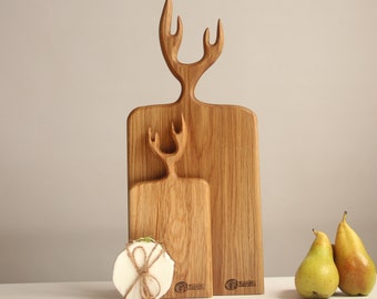 Personalized Wooden Cutting Board with Unique Handles, Wood Serving Board Deer Horn, Charcuterie Board Kitchen Utensils Mothers Day Gift