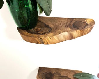 Live Edge Walnut Wall Shelves, Rustic Corner Floating Shelf Set for Small Plants and Decor, Natural Wood Wall Ledge for Modern Home