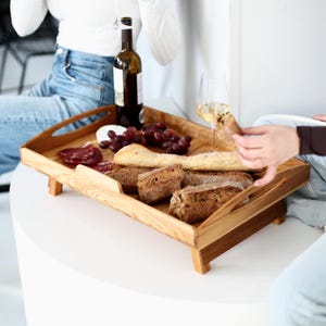 Wooden Breakfast Tray with Legs, Personalized Rustic Food Serving Tray for Couples, Picnic Wine Snack Holder for Patio or Sofa Table