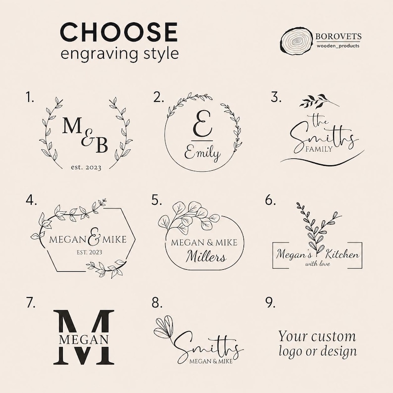 K&ouml;nnte beinhalten: Eine digitale &Uuml;bersicht mit der &Uuml;berschrift CHOOSE engraving style, die neun verschiedene schwarze Strichzeichnungen als Logo-Optionen auf hellem Grund zeigt. Die Designs umfassen florale Kr&auml;nze, geometrische Rahmen und Schreibschrift mit Namen wie M&B, Emily und The Smiths Family.