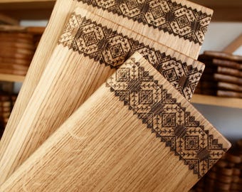 Cutting Boards with Holder, Ukrainian Ornament, Set of 3 Rectangular Boards, Wooden Trays, Personalized Gift for Mom