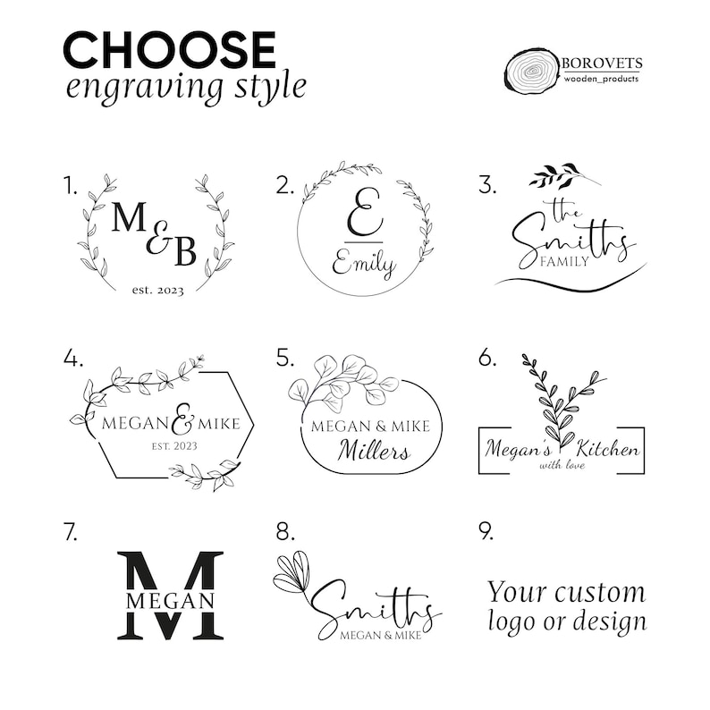 K&ouml;nnte beinhalten: Neun verschiedene Gravurstile f&uuml;r ein individuelles Holzprodukt. Die Optionen umfassen Initialen, Namen und einen Familiennamen mit einem floralen Design. Die letzte Option ist ein leerer Platz f&uuml;r ein individuelles Logo oder Design.