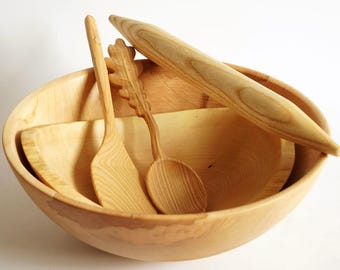 Large Solid Maple Wood Dough Bowl Set, Handmade Bread Baking Gift, Wooden Salad Bowl, Rolling Pin Set, Housewarming Gift, Wedding Gift