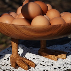 May include: A wooden bowl filled with brown eggs, resting on a stand shaped like bird feet. The bowl and stand are made of light brown wood. The eggs are a light brown color. The bowl is sitting on a white lace tablecloth.