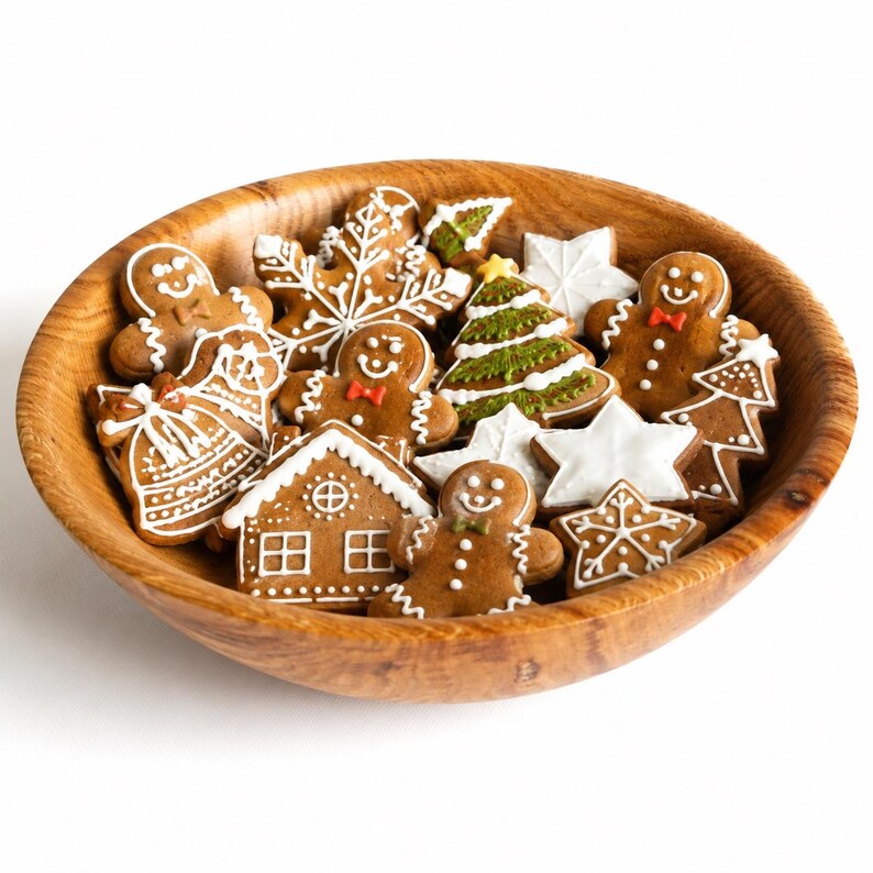 K&ouml;nnte beinhalten: Eine runde Holzschale gef&uuml;llt mit verschiedenen Lebkuchen, die mit wei&szlig;em Zuckerguss verziert sind. Die Auswahl umfasst Lebkuchenm&auml;nner, ein Haus, einen Weihnachtsbaum, Sterne, eine Schneeflocke und eine Glocke mit detaillierten Mustern.