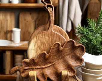 Set Wooden Serving Boards, Rustic Oak Cheese Plate, Leaf Shaped Snack Tray, Eco Decor for Kitchen, Housewarming Gift Idea, Meat Gift Board