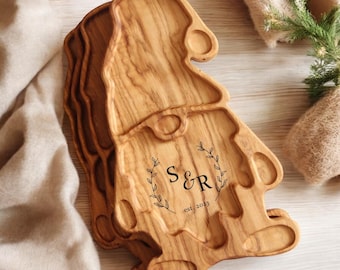 Personalized Wooden Plate for Dining Table Decor, Eco Gift, Gnome Form, Serving Plate with Dividers, Wood Carving, Birthday Gift