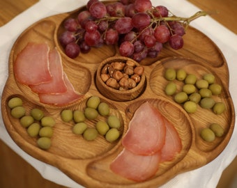 Round Wooden Serving Platter with Sections, Decorative Appetizer Tray for Snacks or Tapas, Unique Party Tableware, Rustic Kitchen Gift