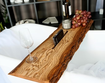 Live Edge Bath Tray Table, Ash Wood Bathtub Caddy with Book and Wine Holder, Spa Gift Idea, Rustic Bathroom Decor, Wooden Tub Serving Tray