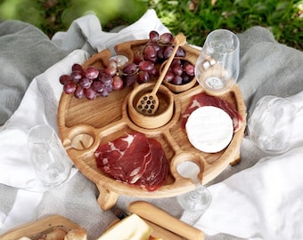 Portable Wooden Wine Table with Glass Holders, Small Picnic Charcuterie Stand with Legs, Outdoor Wine and Cheese Tray for Patio or Garden