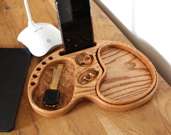 Modern Wood Desk Organizer, Multifunctional Docking Station for Accessories, Office Storage Tray, Stylish Gift Idea for Men or Dad