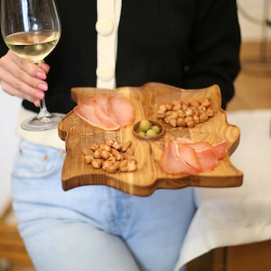 Party Serving Tray with Sections, Handmade Wooden Plate for Tapas, Cheese or Meat Snacks, Rustic Hostess Gift, Food Presentation Dish