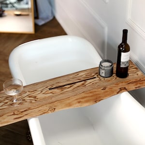 Natural Wood Bath Caddy Tray with Live Edge, Spa Bathtub Shelf for Wine, Candle and Book, Relaxing Gift Idea for Her or Couple