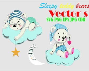 Schläfrige Teddybären in den Wolken, Vektor-Illustration, svg, png, eps, cdr