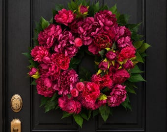 XXL 60 cm Premium Roze Pioenbloemenkrans, Handgemaakte Krans voor de Voordeur, Cadeau-idee, Kunstbloemen, Zomerkrans