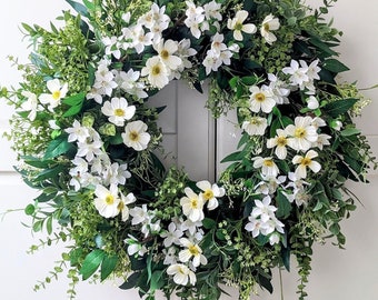 Couronne d'eucalyptus et blanche pour porte d'entrée, couronne toute l'année, couronne de ferme moderne, couronne de porte de verdure, cadeau de fête des mères, mariage