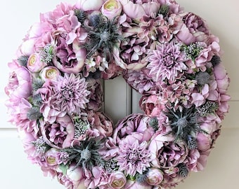 Couronne de printemps de fleurs pour porte double avant, couronne de fleurs, cadeau d'anniversaire, pivoines, hortensias, couronne de printemps rose, Pâques