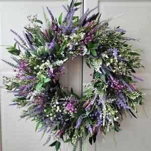 Spring wreath with lavender heathers and berries for Front Door, Artificial Farmhouse Greenery,Türkranz, Heidekranz, Eater , Frühlings Bild 5