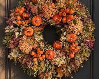 Luxe herfstkrans met pompoenen, elegante groene deurkrans, hoogwaardige herfstdecoratie, decoratieve krans voor de voordeur, Halloweenpompoenen