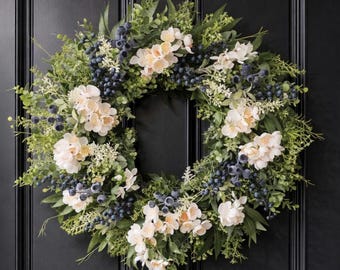 Corona primaveral con flores de manzano y bayas para la puerta principal – Corona floral para la puerta para primavera y Pascua – Gran corona de estilo rústico para la puerta