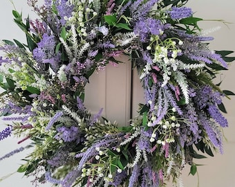 Lentekrans met eucalyptus en lavendel voor dubbele voordeur, Boho rustieke deurkrans, Türkranz, boerderij, herfstkrans, paasdecoratie