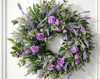 Romantica ghirlanda di lavanda e rose per la porta d'ingresso, ghirlanda floreale primaverile/estiva, fiori artificiali di alta qualità, decorazione per la porta in stile provenzale.