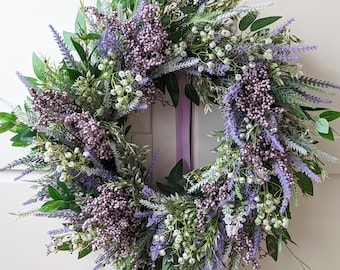 Ghirlanda primaverile per porta d'ingresso con eucalipto e lavanda, ghirlanda tutto l'anno, ghirlanda per interni, ghirlanda della fattoria, verde, Pasqua