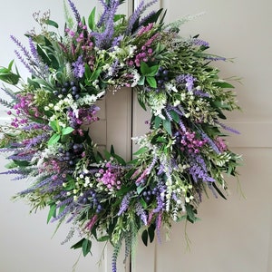 Spring wreath with lavender heathers and berries for Front Door, Artificial Farmhouse Greenery,Türkranz, Heidekranz, Eater , Frühlings Bild 2