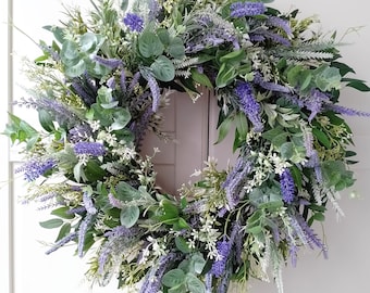 Eucalyptus and Lavender Wreath for Front Door, Year Round Wreath, Indoor Wreath, Farmhouse Wreath, Greenery Door Wreath, mother's Day Gift