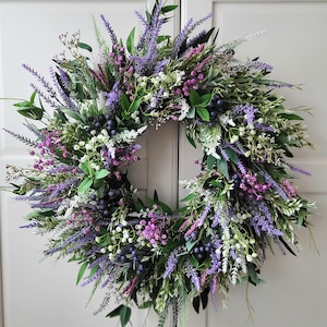 Spring wreath with lavender heathers and berries for Front Door, Artificial Farmhouse Greenery,Türkranz, Heidekranz, Eater , Frühlings Bild 7