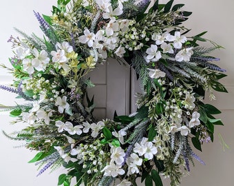 Couronne d'été blanche de printemps pour porte d'entrée avec fleur de pommier, ferme artificielle, élégante, couronne de porte, maison de campagne moderne de Pâques, cadeau