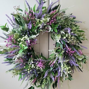 Spring wreath with lavender heathers and berries for Front Door, Artificial Farmhouse Greenery,Türkranz, Heidekranz, Eater , Frühlings Bild 1