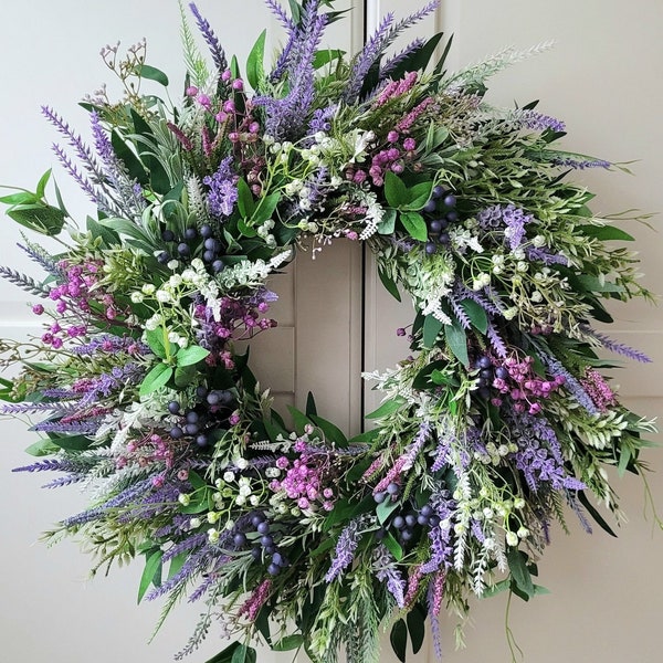 Spring wreath with lavender heathers and berries for Front Door, Artificial Farmhouse Greenery, Door Wreath, Fall Wreath, Summer Wreath.