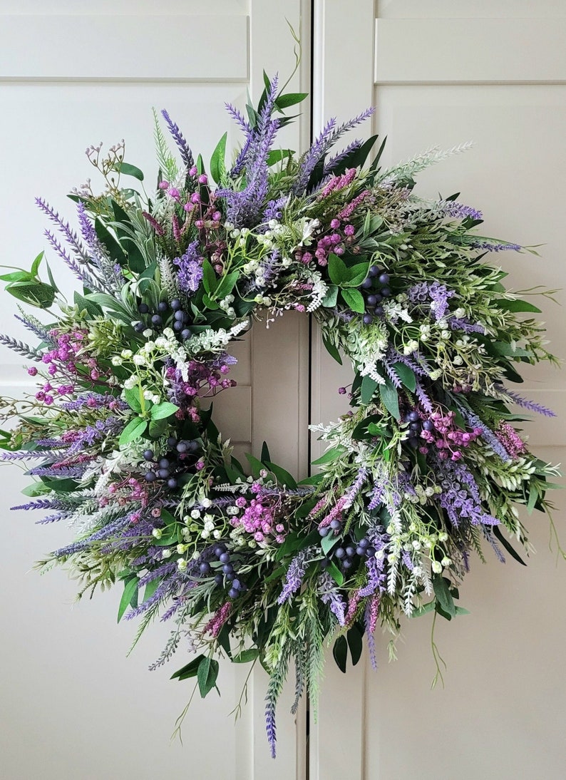 Spring wreath with lavender heathers and berries for Front Door, Artificial Farmhouse Greenery,Türkranz, Heidekranz, Eater , Frühlings Bild 1