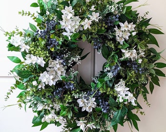 Couronne de printemps avec jasmin et baies, couronne florale pour porte d’entrée, couronne rustique à double porte Türkranz Eucalyptus Doorwreath, ferme