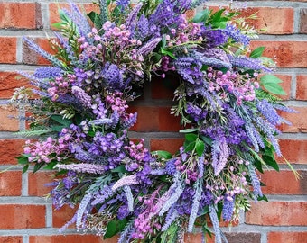 Spring  Pink wreath with lavender heathers and berries for Front Door Artificial Farmhouse Greenery,Türkranz, Heidekranz, Easter , Frühlings