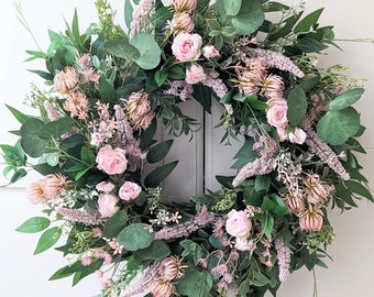 Couronne de printemps fleurie 60 cm pour porte double avant avec roses et eucalyptus, couronne de fleurs, couronne de porte, couronne de printemps rose, Pâques