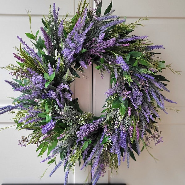 Spring  Wreath with Lavender, eucalyptus and ruscus for double front door, Farmhouse Greenery, Easter wreath,  year-round Fall Wreath