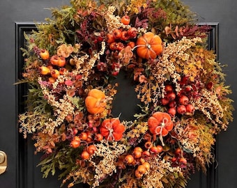 Couronne d'automne XXL premium avec baies et citrouilles pour la porte d'entrée, décoration automnale moderne de style champêtre, décoration d'Halloween, maison de campagne, couronne de porte