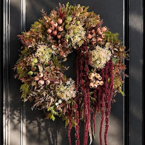 Unique artificial autumn wreath with heather, berries and hanging amaranth, premium autumn wreath for the front door, burgundy
