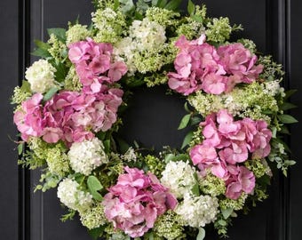 Corona de primavera XXL de 60 cm para puerta, con hortensias rosas y blancas – Corona de flores premium, hecha a mano para la puerta principal, ideal para el verano o como idea de regalo.