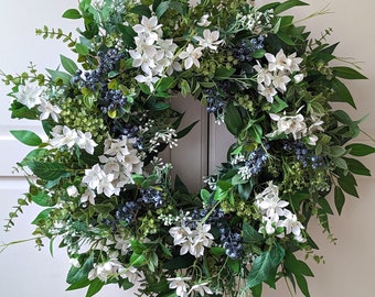 Corona de primavera con jazmín y bayas, corona floral para puerta principal, corona rústica de doble puerta Türkranz Eucalyptus Doorwreath, granja