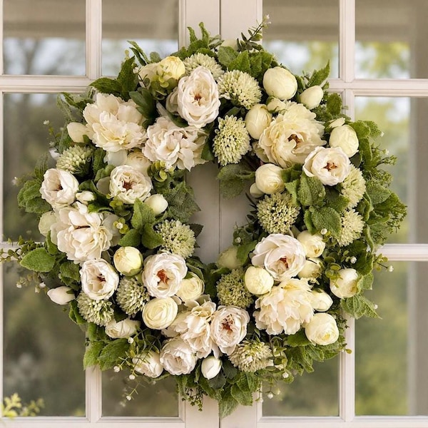 Elegant white summer wreath for the front door, modern farmhouse style wreath with white roses, peonies and hydrangeas | Premium artificial