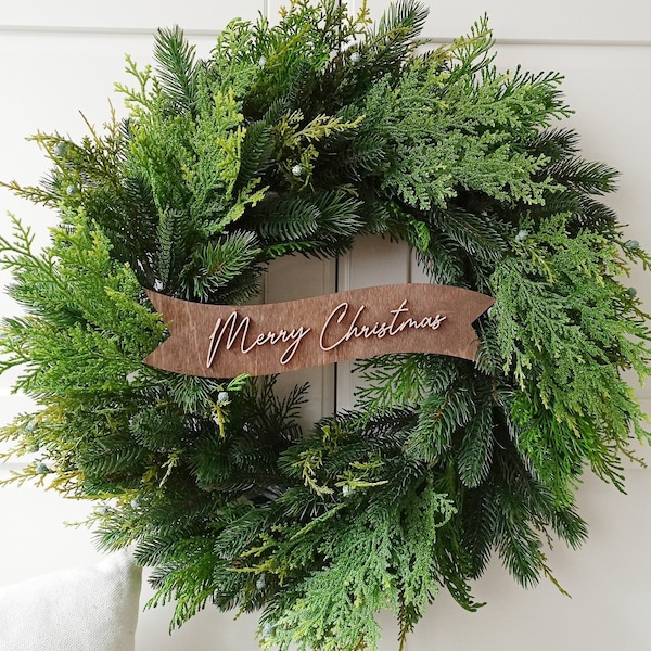 Christmas Wreath, unique green artificial wreath with wooden board Merry Christmas for front double door, Adventskranz, Farmhouse , Türkranz