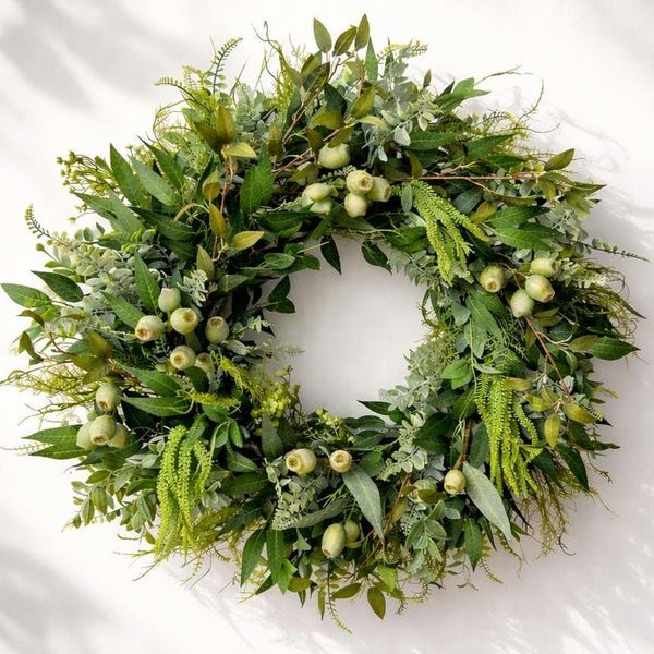 Green Eucalyptus Wreath with Olive Branches for Front Door, Modern Artificial Farmhouse Decor, Year Round Wreath, forest wreath with fern
