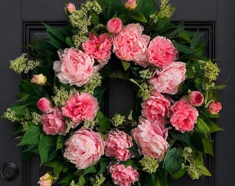 XXL bloemenkrans (60 cm) voor de voordeur met roze pioenrozen en hortensia's, zomerkrans, cadeau-idee, hoogwaardige kunstkrans voor de deur