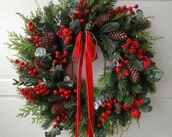 Couronne de Noël, couronne d'hiver pour porte d'entrée, décoration montée pommes de pin, double porte, Noël, Türkranz, couronne de porte