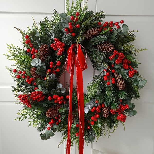 Couronne de Noël, couronne d'hiver pour porte d'entrée, décoration montée pommes de pin, double porte, Noël, Türkranz, couronne de porte